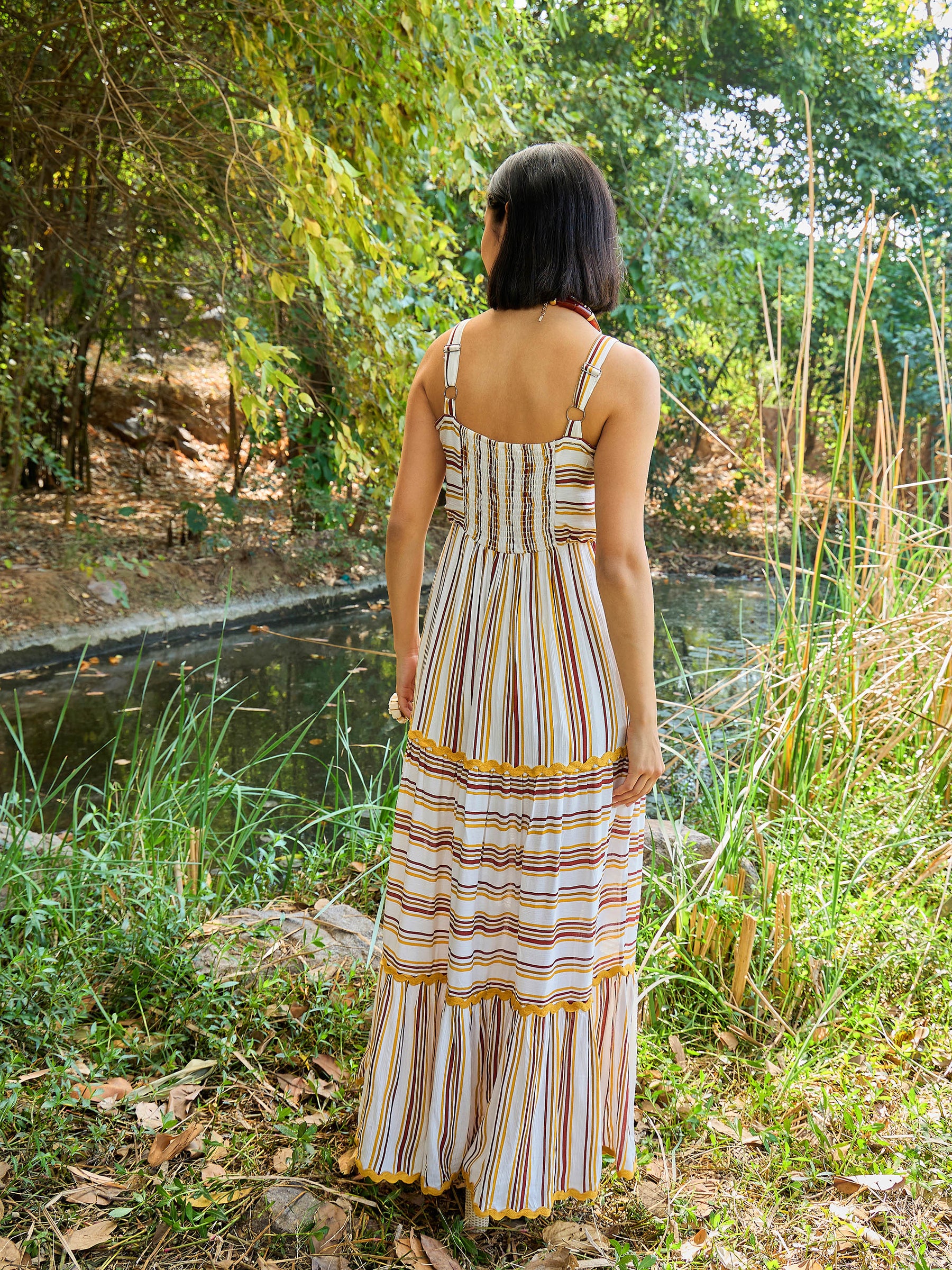Women White & Yellow Stripes Strappy Maxi Dress