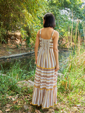 Women White & Yellow Stripes Strappy Maxi Dress