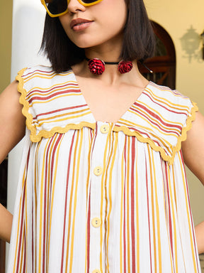 White & Yellow Stripes Button Down Short Dress-Pink Paprika By SASSAFRAS