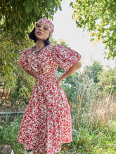 White & Red V-Neck Puff Sleeves Midi Dress-Pink Paprika By SASSAFRAS