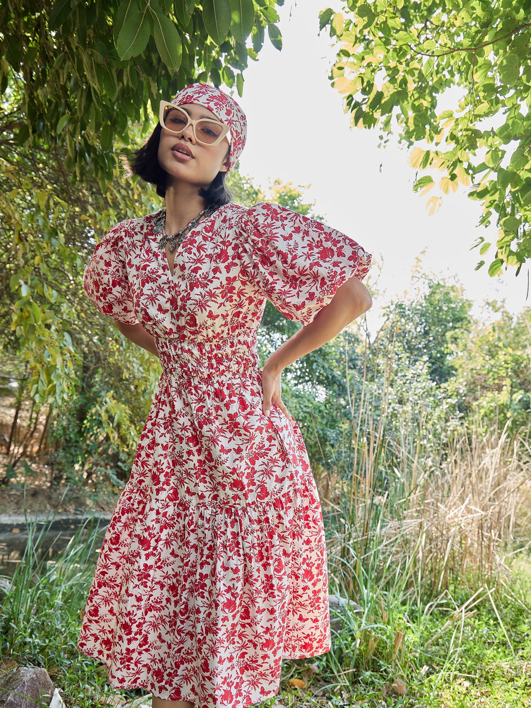 White & Red V-Neck Puff Sleeves Midi Dress-Pink Paprika By SASSAFRAS
