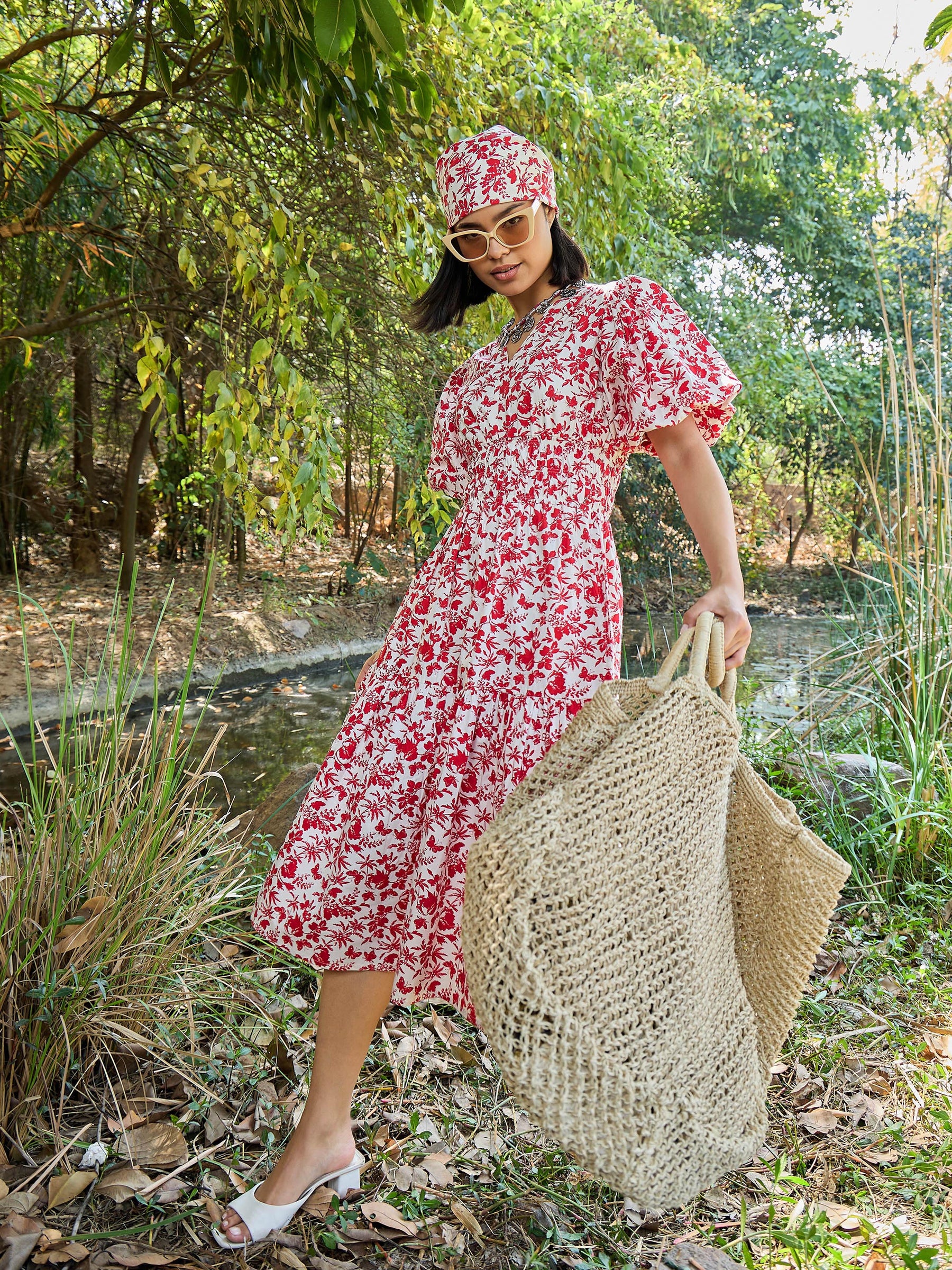 White & Red V-Neck Puff Sleeves Midi Dress-Pink Paprika By SASSAFRAS