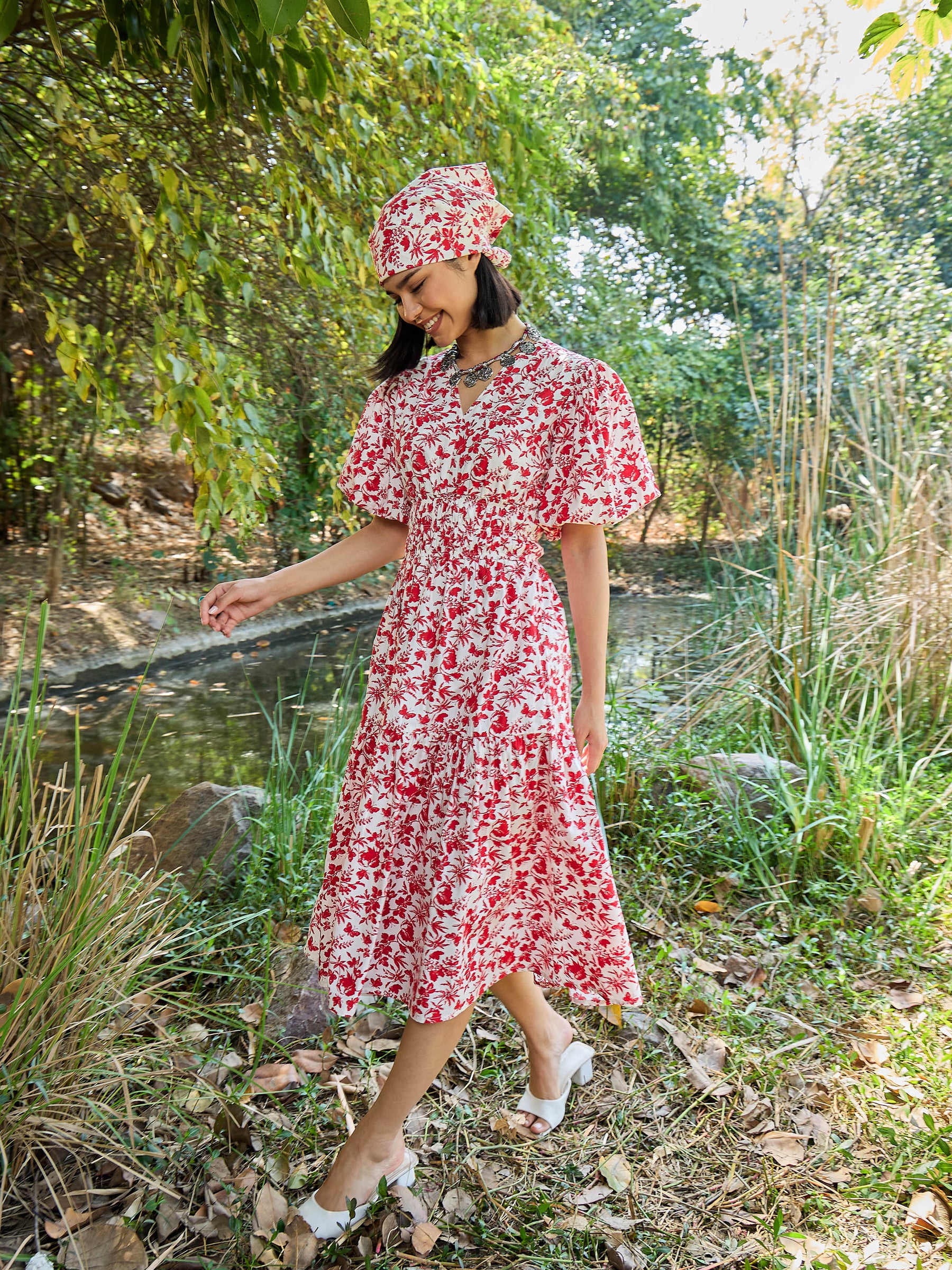 White & Red V-Neck Puff Sleeves Midi Dress-Pink Paprika By SASSAFRAS