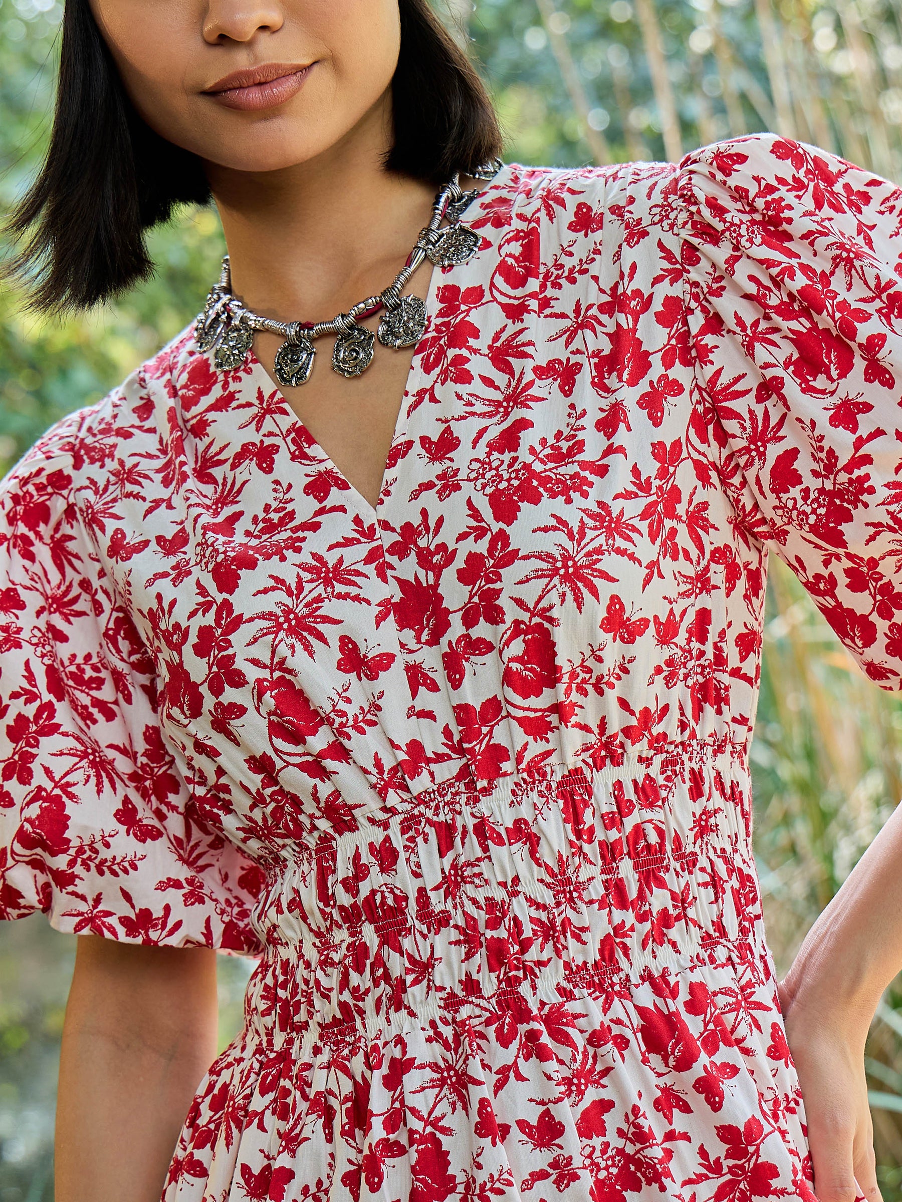 White & Red V-Neck Puff Sleeves Midi Dress-Pink Paprika By SASSAFRAS