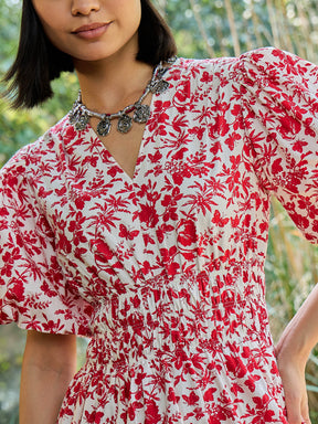 White & Red V-Neck Puff Sleeves Midi Dress-Pink Paprika By SASSAFRAS