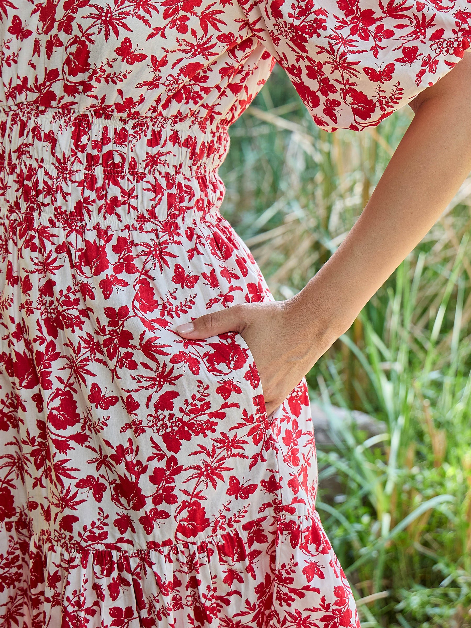 White & Red V-Neck Puff Sleeves Midi Dress-Pink Paprika By SASSAFRAS