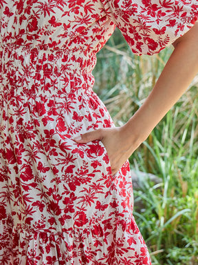 White & Red V-Neck Puff Sleeves Midi Dress-Pink Paprika By SASSAFRAS