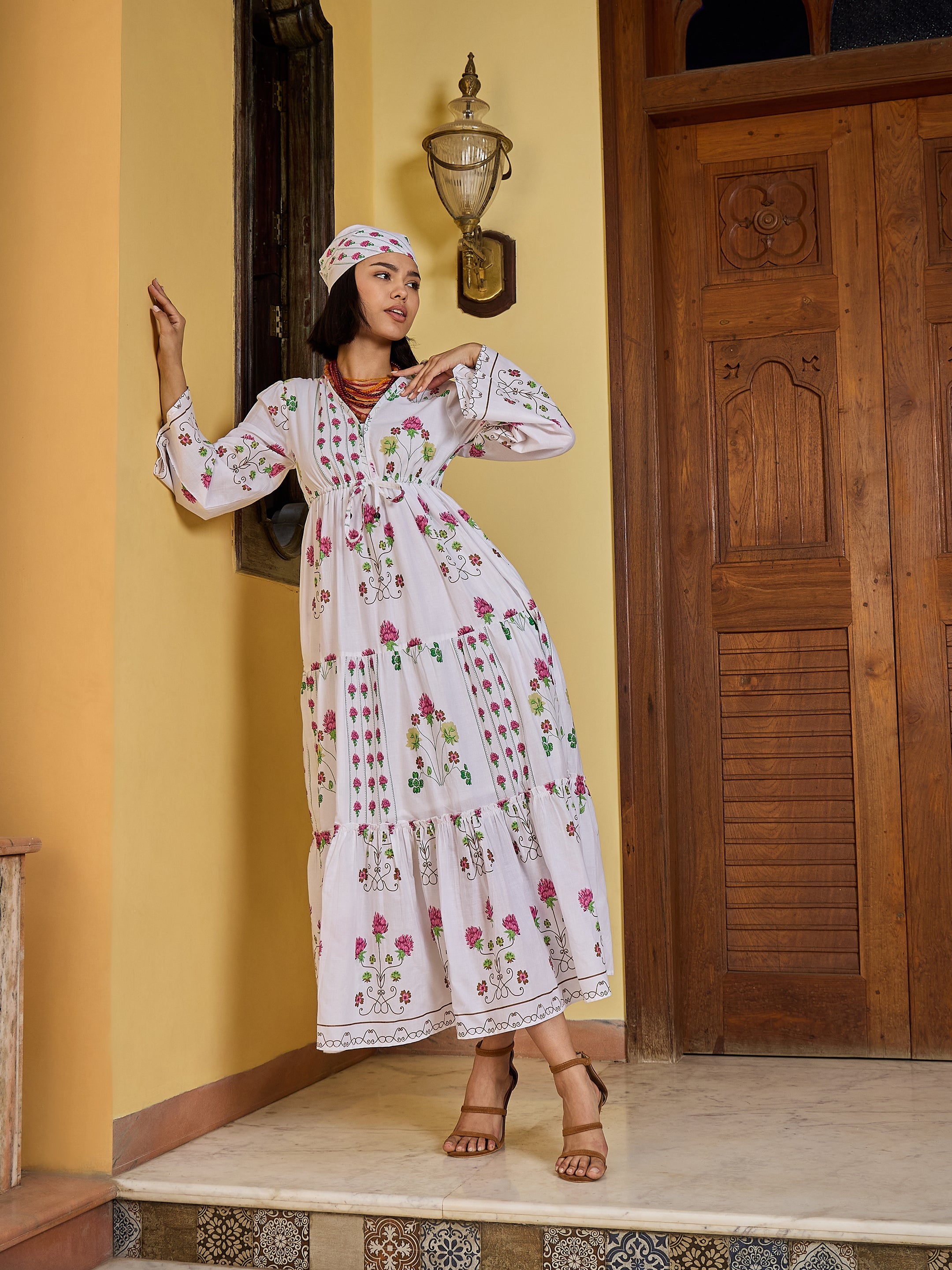 White Floral V-Neck Waist Tie Knot Midi Dress-Pink Paprika By SASSAFRAS