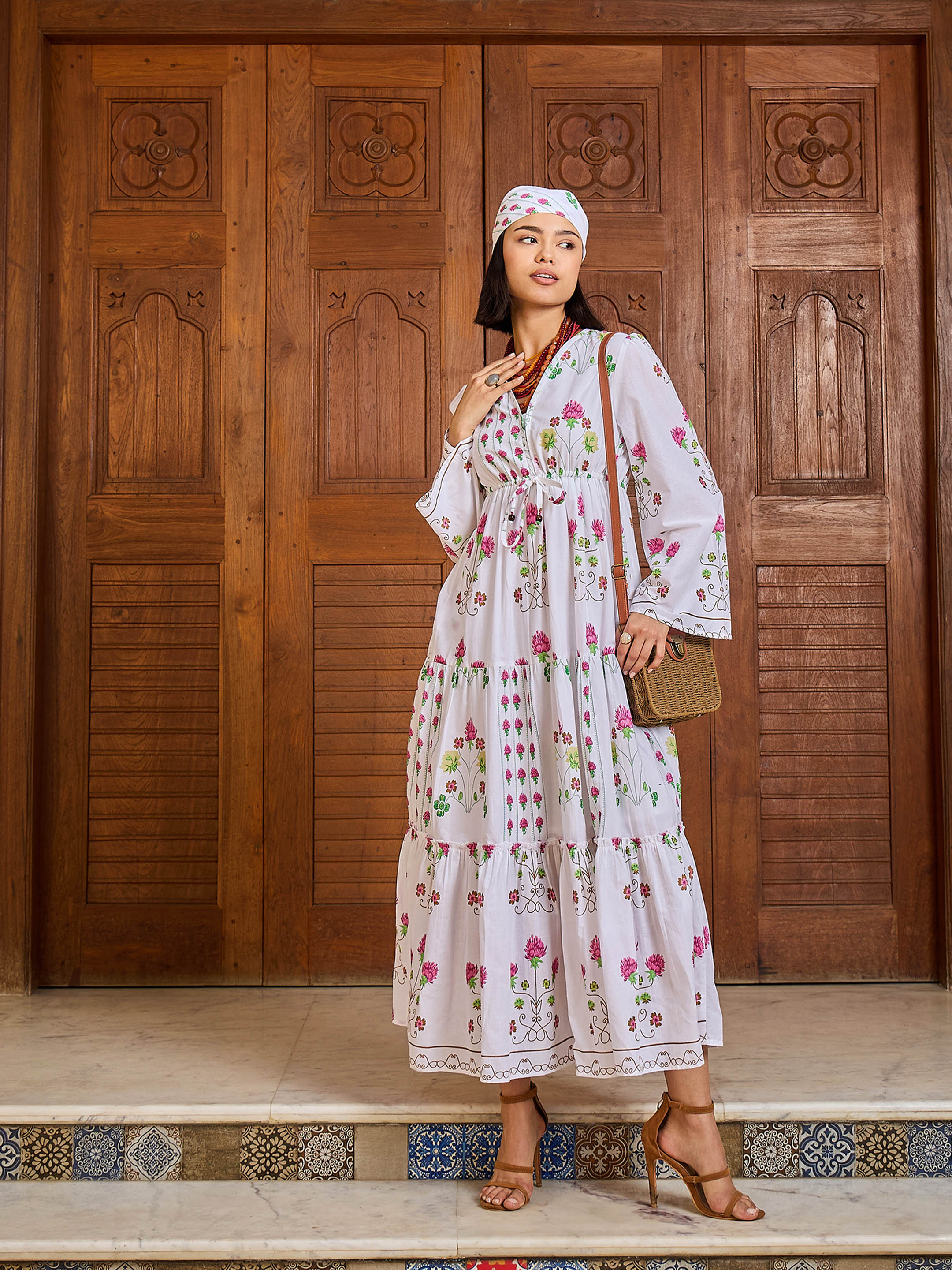 White Floral V-Neck Waist Tie Knot Midi Dress-Pink Paprika By SASSAFRAS