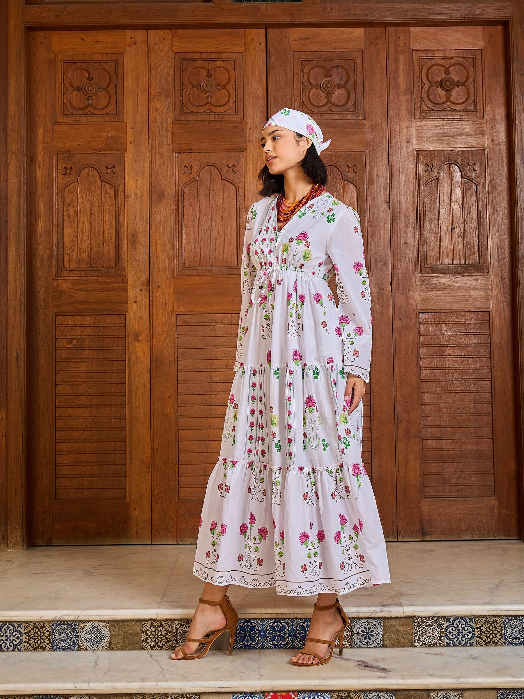 White Floral V-Neck Waist Tie Knot Midi Dress-Pink Paprika By SASSAFRAS