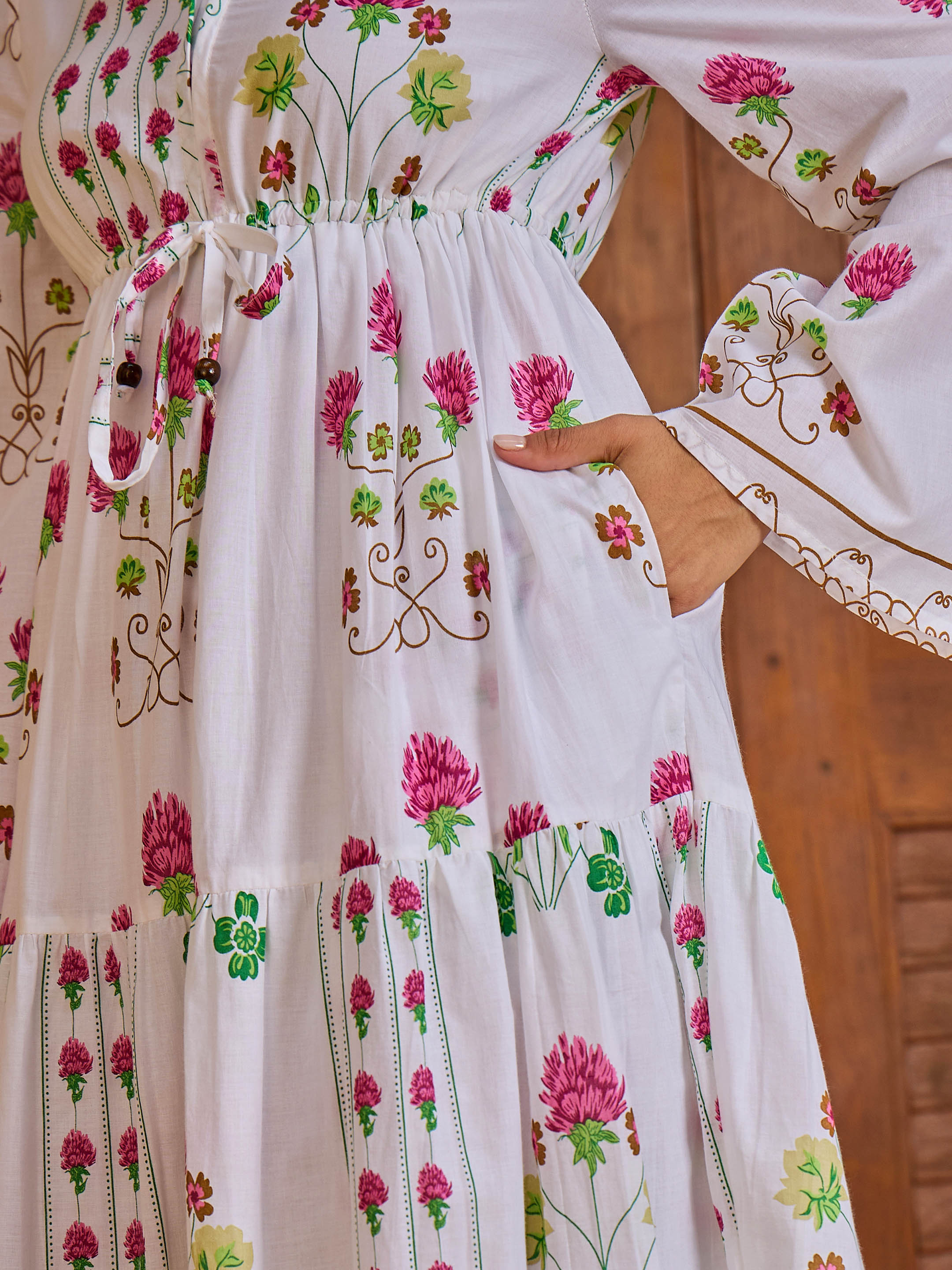 White Floral V-Neck Waist Tie Knot Midi Dress-Pink Paprika By SASSAFRAS