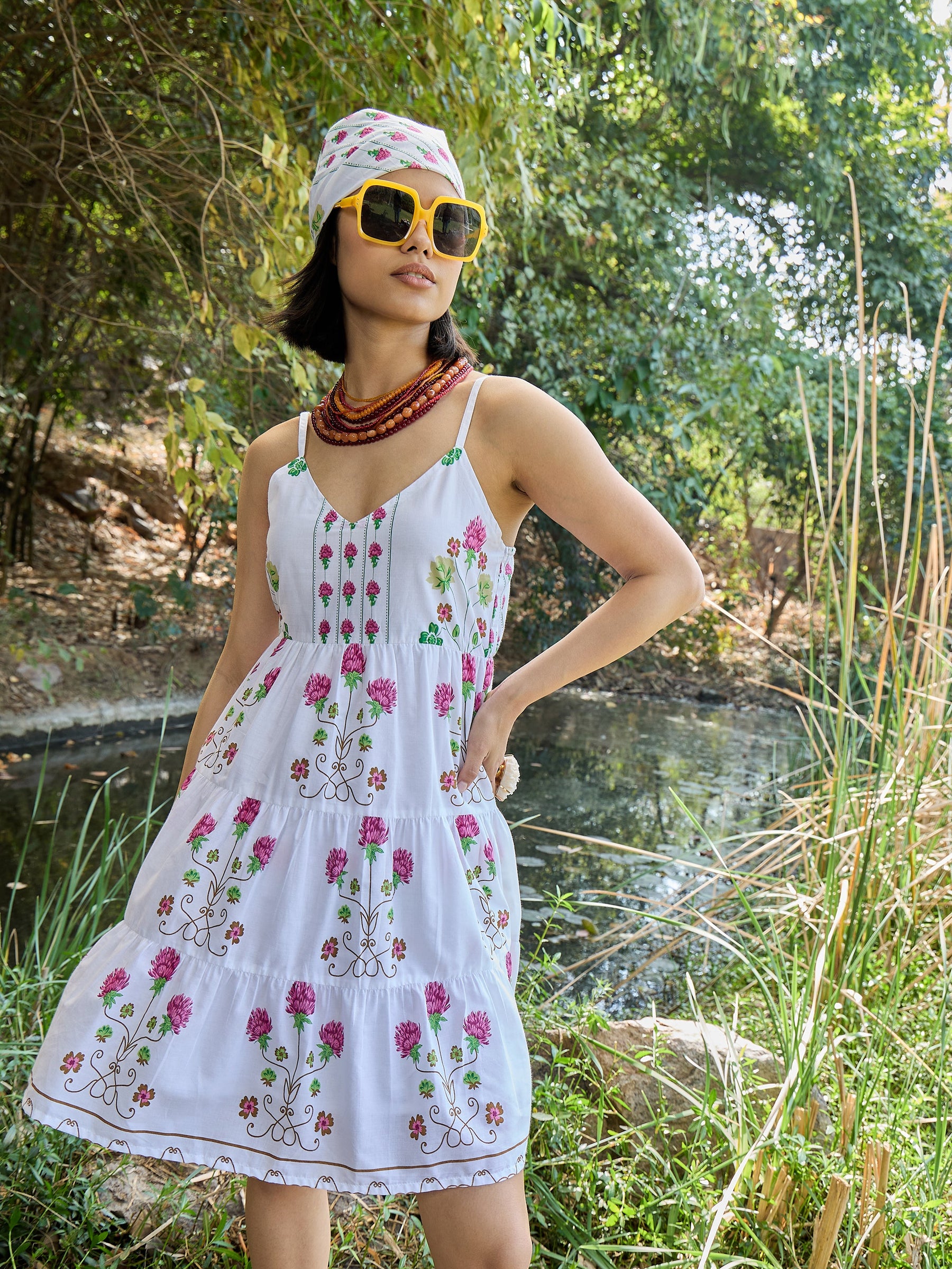 White Floral Strappy Short Tiered Dress-Pink Paprika By SASSAFRAS