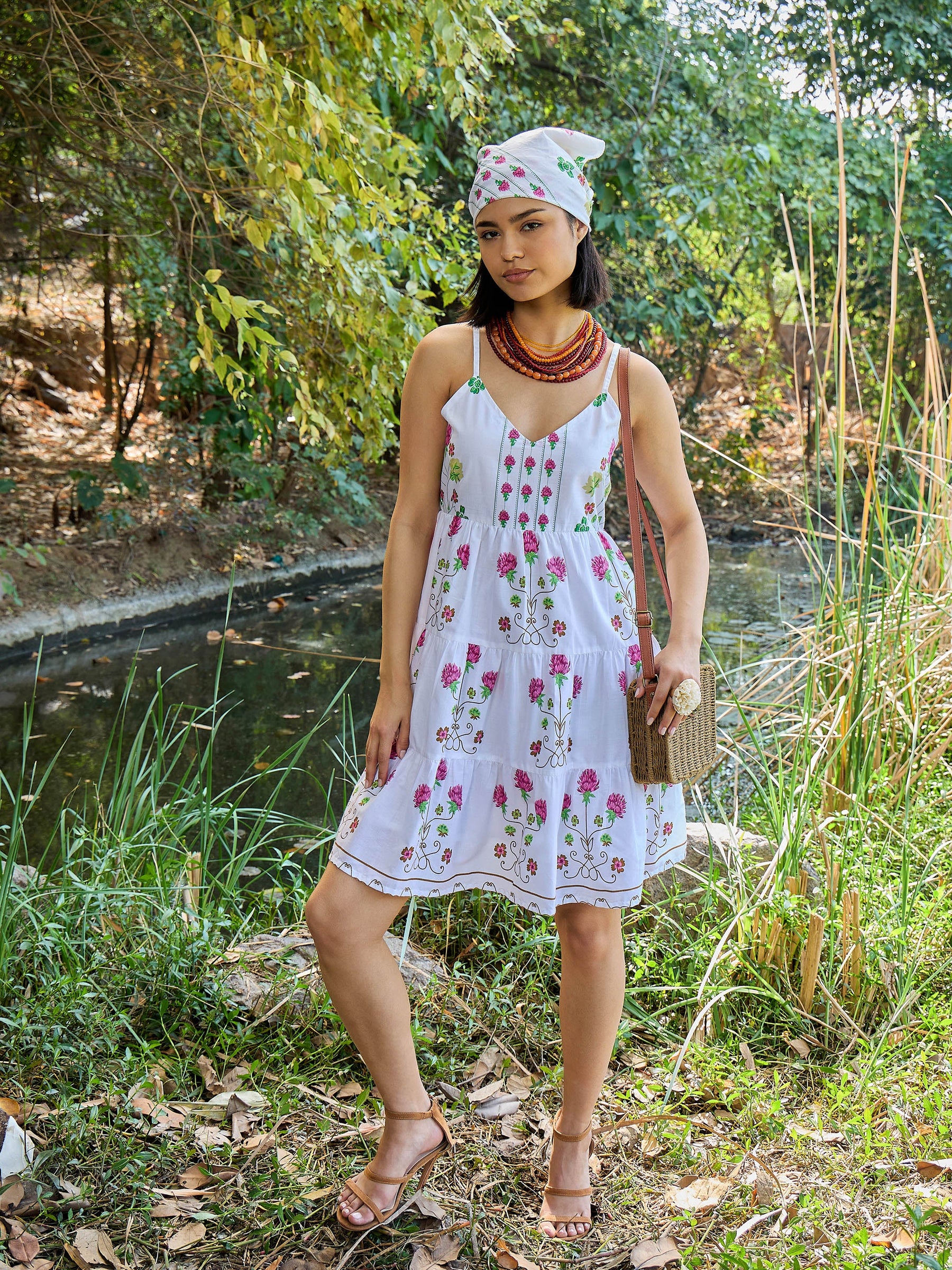 White Floral Strappy Short Tiered Dress-Pink Paprika By SASSAFRAS