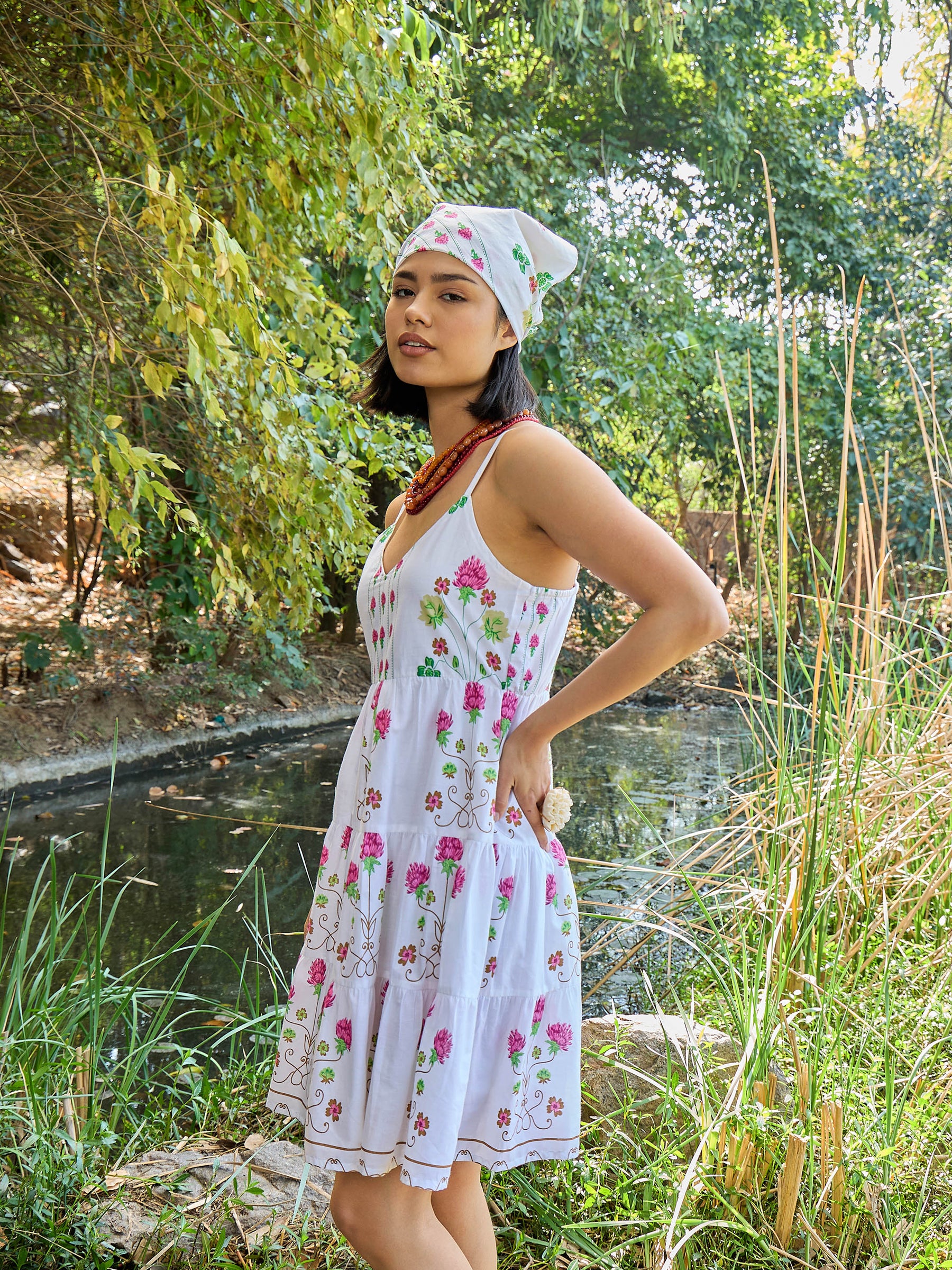 White Floral Strappy Short Tiered Dress-Pink Paprika By SASSAFRAS