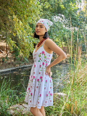 White Floral Strappy Short Tiered Dress-Pink Paprika By SASSAFRAS