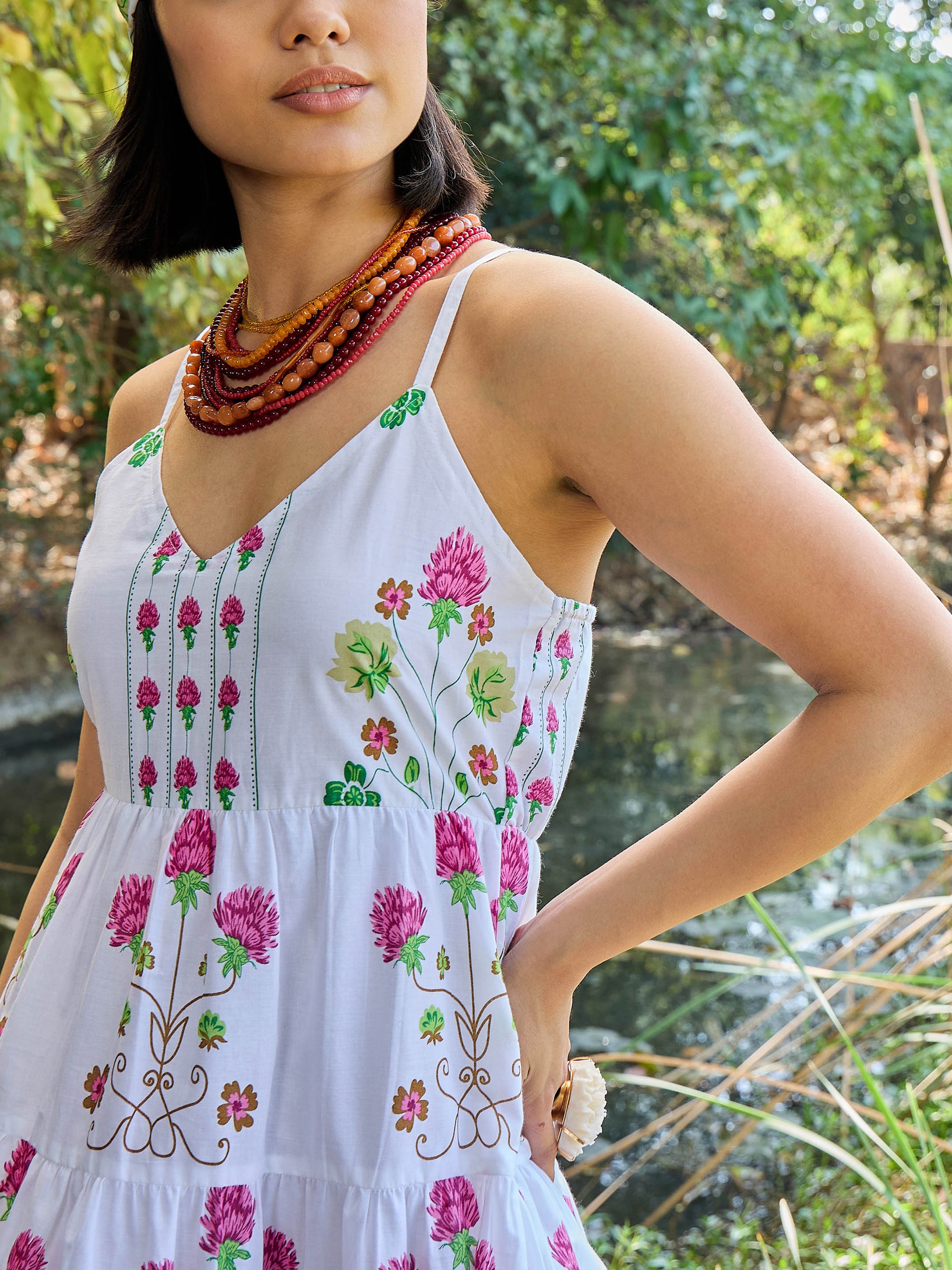White Floral Strappy Short Tiered Dress-Pink Paprika By SASSAFRAS