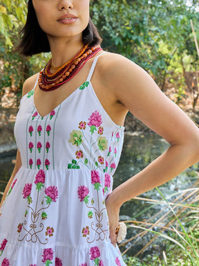 White Floral Strappy Short Tiered Dress-Pink Paprika By SASSAFRAS