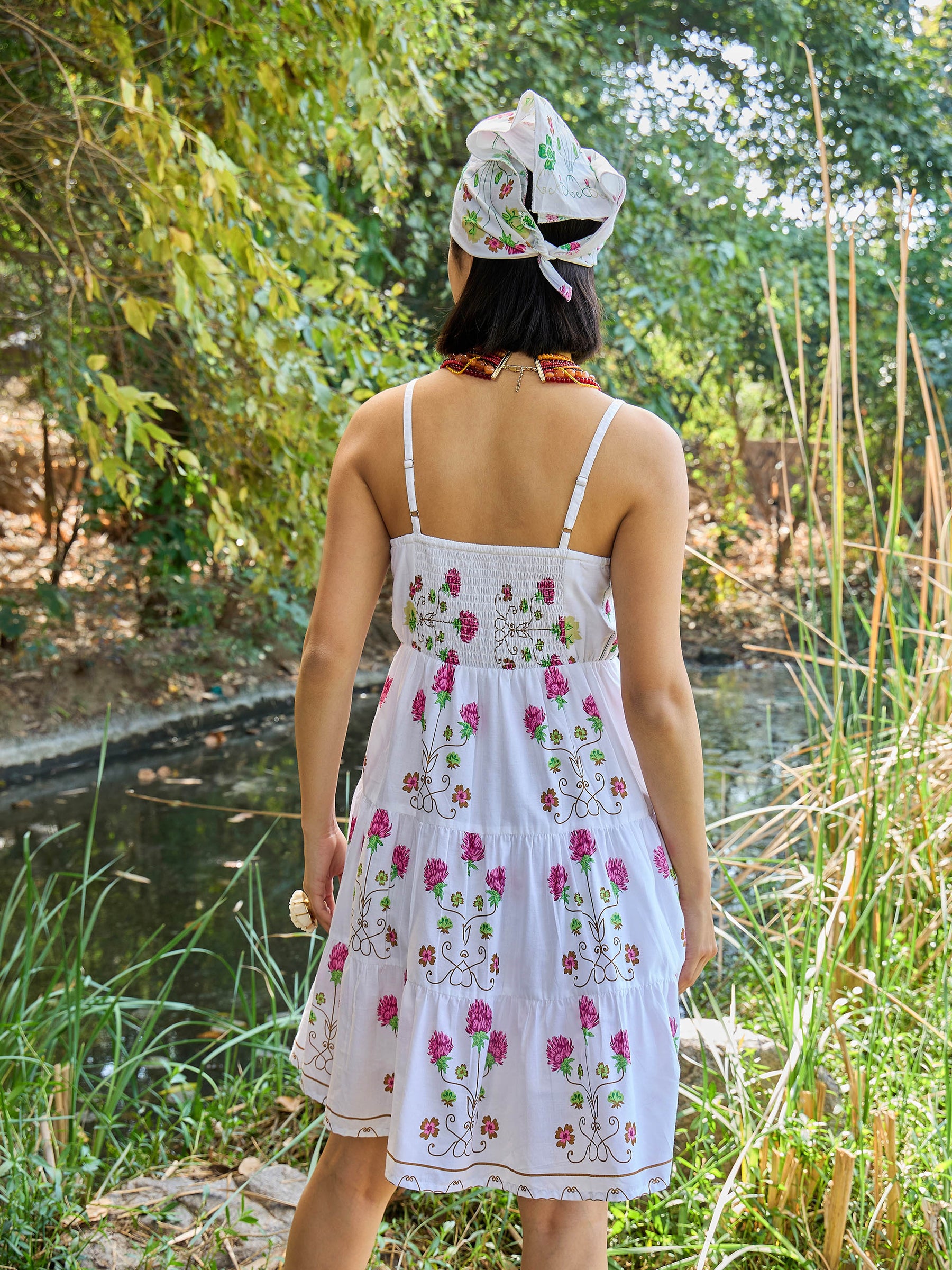 White Floral Strappy Short Tiered Dress-Pink Paprika By SASSAFRAS