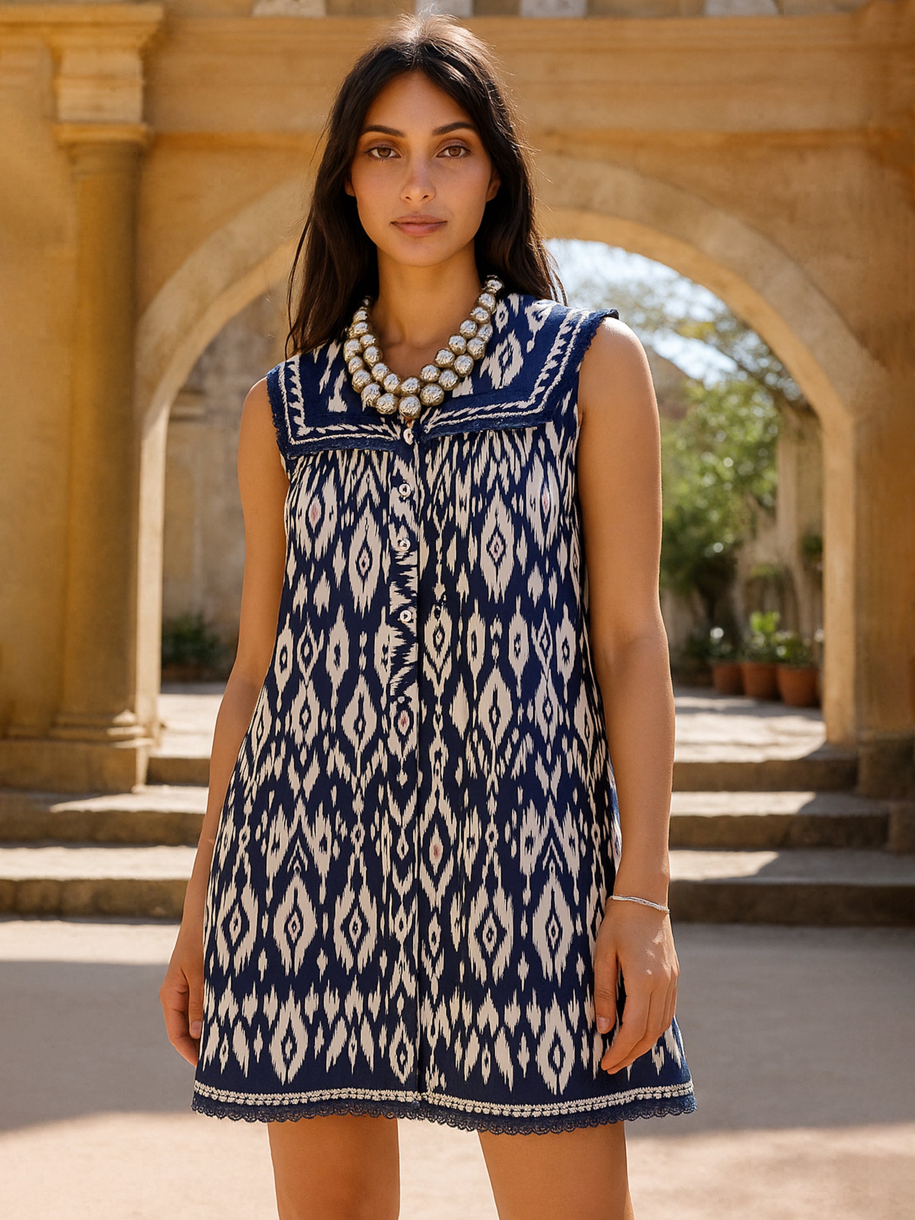 Women Navy & White Ikat Print Button Down Short Dress