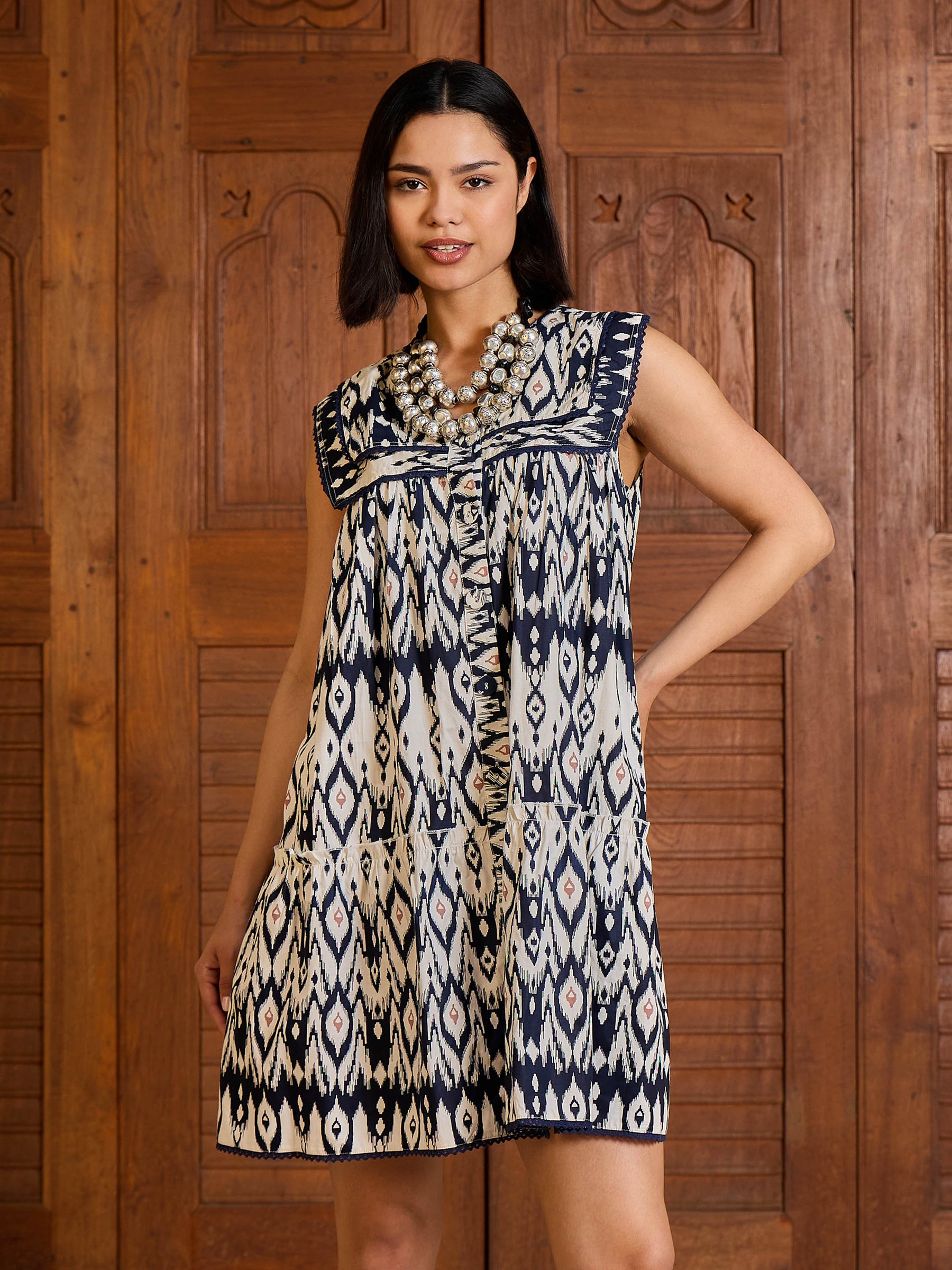 Women Navy & White Ikat Print Button Down Short Dress