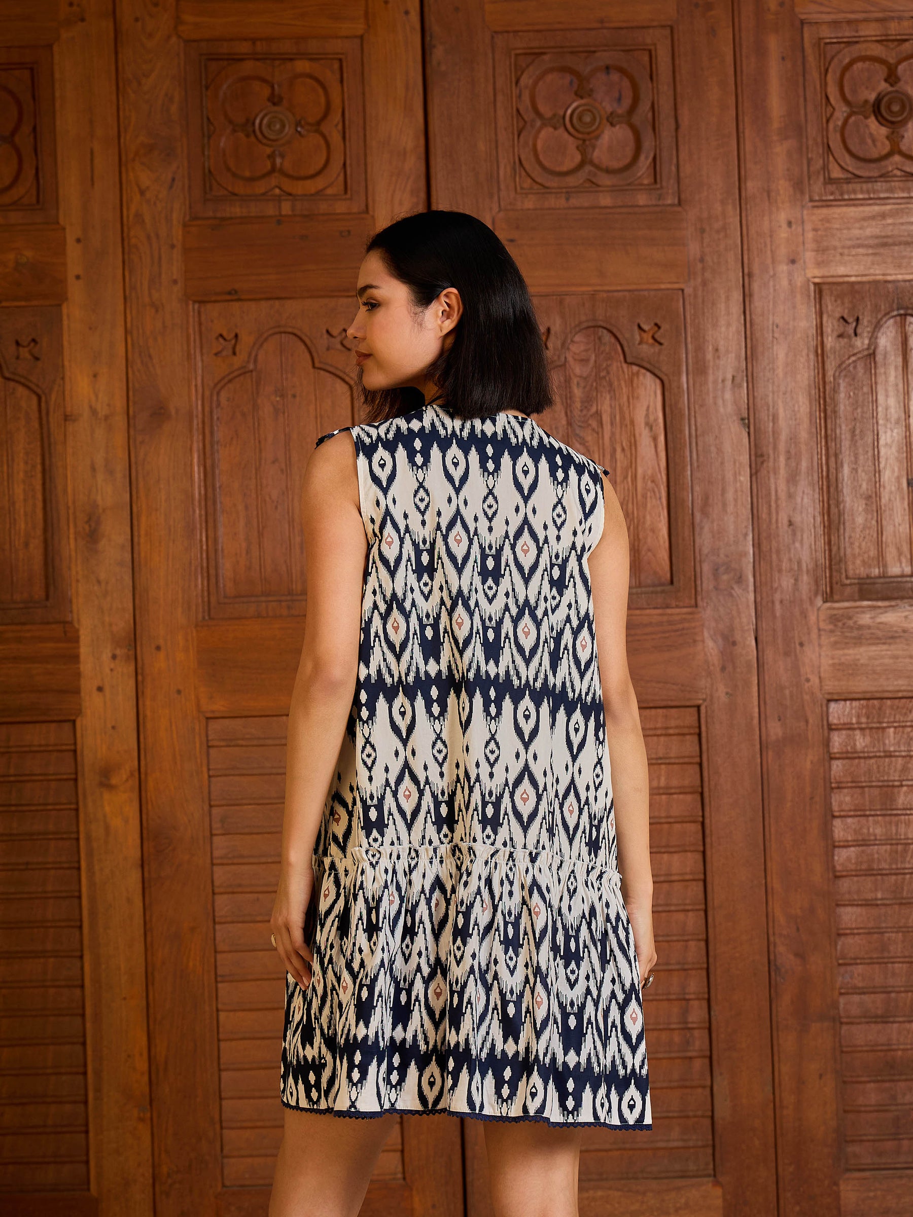 Women Navy & White Ikat Print Button Down Short Dress