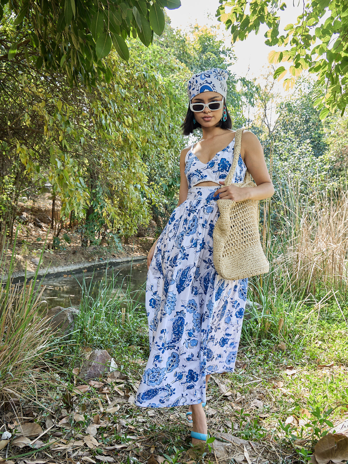 White & Blue Floral Front Cut Out Strappy Midi Dress-Pink Paprika By SASSAFRAS