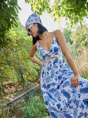 White & Blue Floral Front Cut Out Strappy Midi Dress-Pink Paprika By SASSAFRAS
