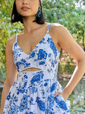 White & Blue Floral Front Cut Out Strappy Midi Dress-Pink Paprika By SASSAFRAS