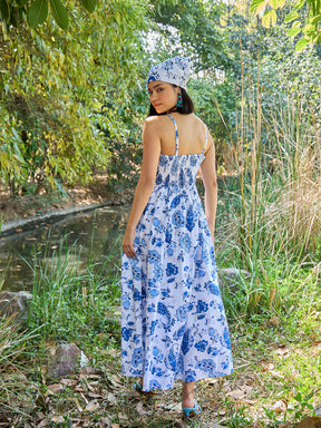 White & Blue Floral Front Cut Out Strappy Midi Dress-Pink Paprika By SASSAFRAS