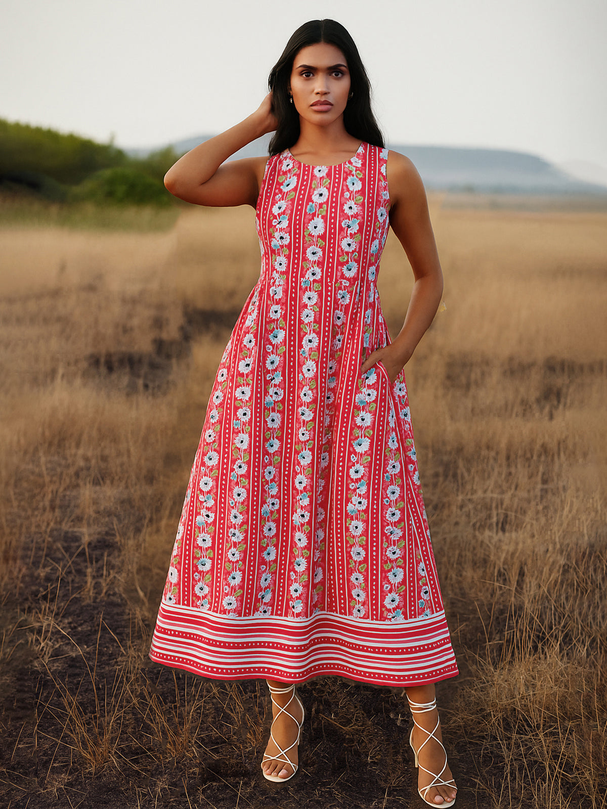 Women Red Floral Round Neck Sleeveless Midi Dress