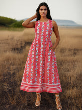 Women Red Floral Round Neck Sleeveless Midi Dress