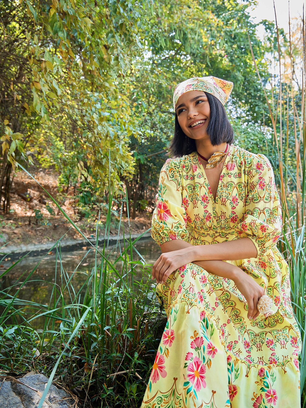 Yellow Floral V Neck Gathered Midi Dress-Pink Paprika By SASSAFRAS