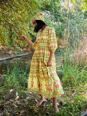 Yellow Floral V Neck Gathered Midi Dress-Pink Paprika By SASSAFRAS