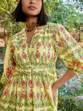 Yellow Floral V Neck Gathered Midi Dress-Pink Paprika By SASSAFRAS