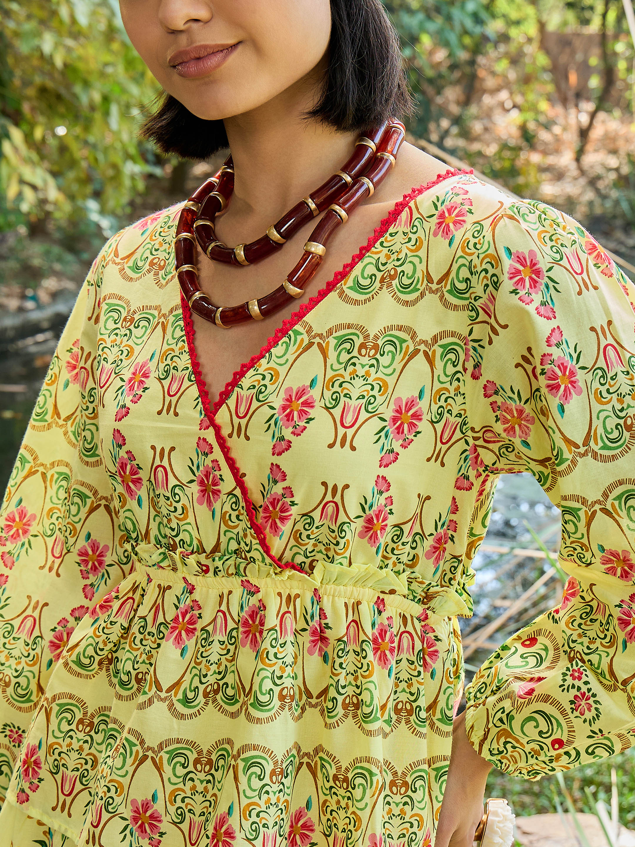 Yellow Floral Wrap Neck Short Dress-Pink Paprika By SASSAFRAS