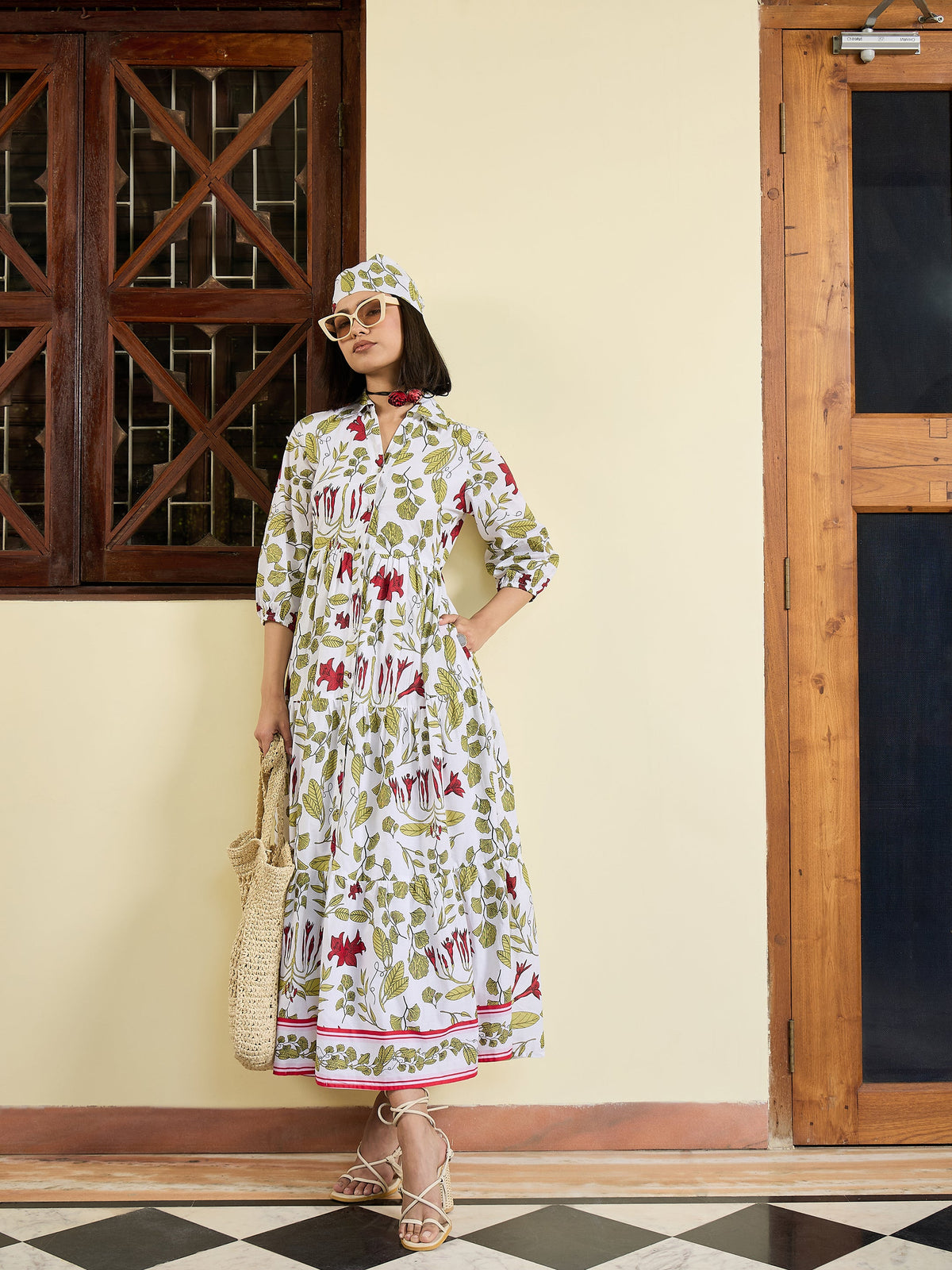 White Floral Front Button Tired Maxi Dress-Pink Paprika By SASSAFRAS