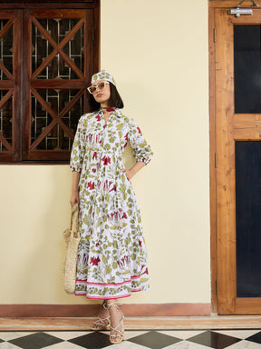 White Floral Front Button Tired Maxi Dress-Pink Paprika By SASSAFRAS