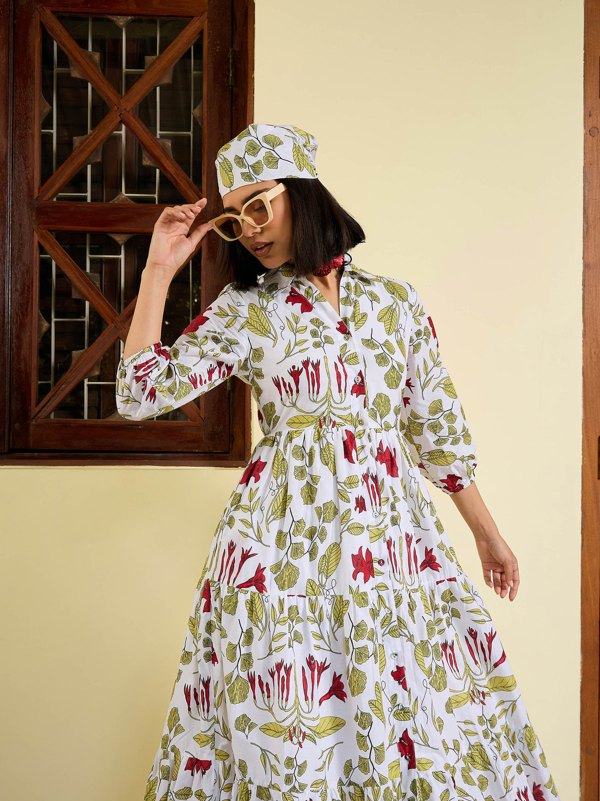 White Floral Front Button Tired Maxi Dress-Pink Paprika By SASSAFRAS