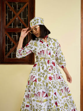 White Floral Front Button Tired Maxi Dress-Pink Paprika By SASSAFRAS