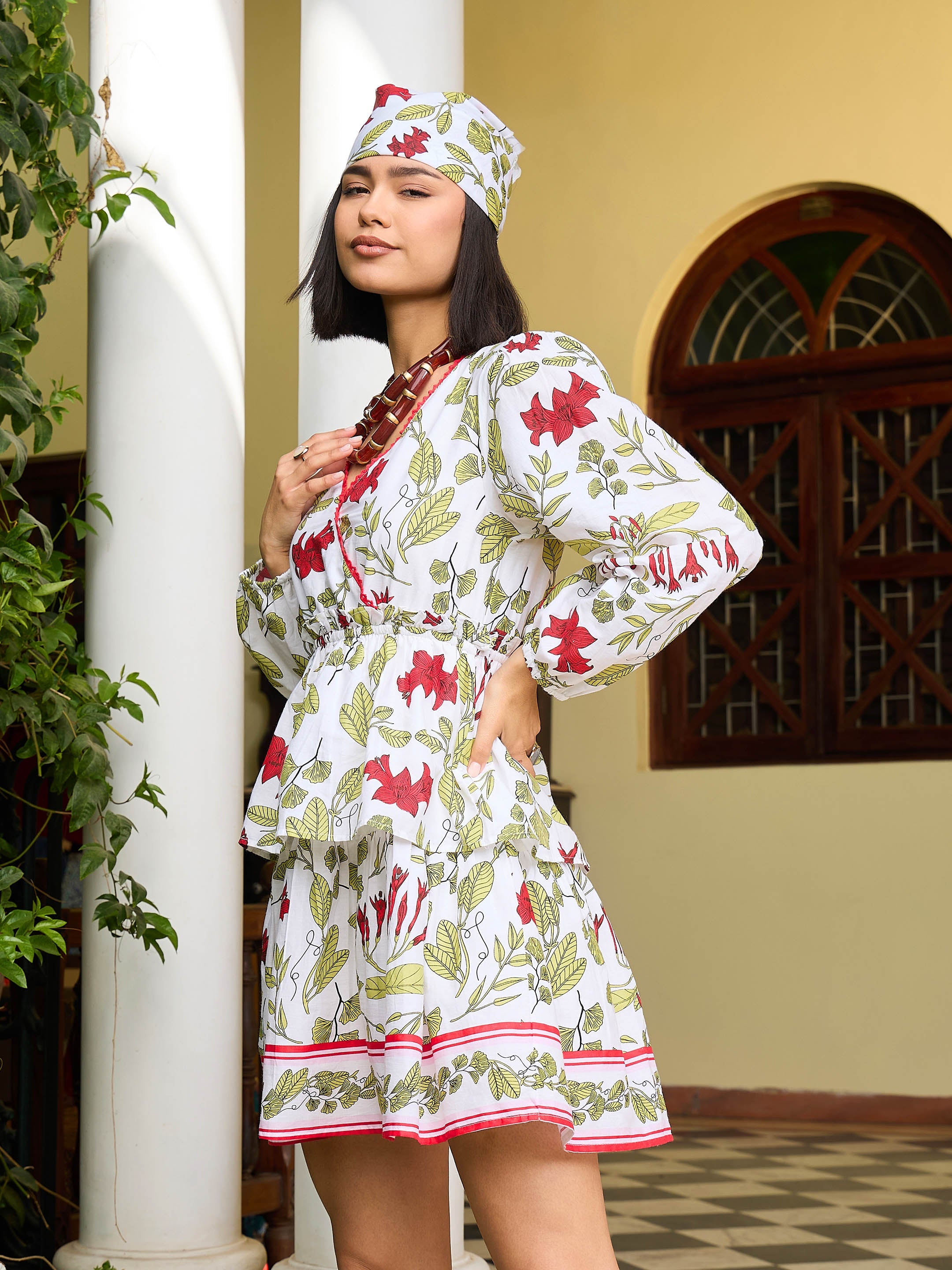 White Floral Wrap Neck Short Dress-Pink Paprika By SASSAFRAS