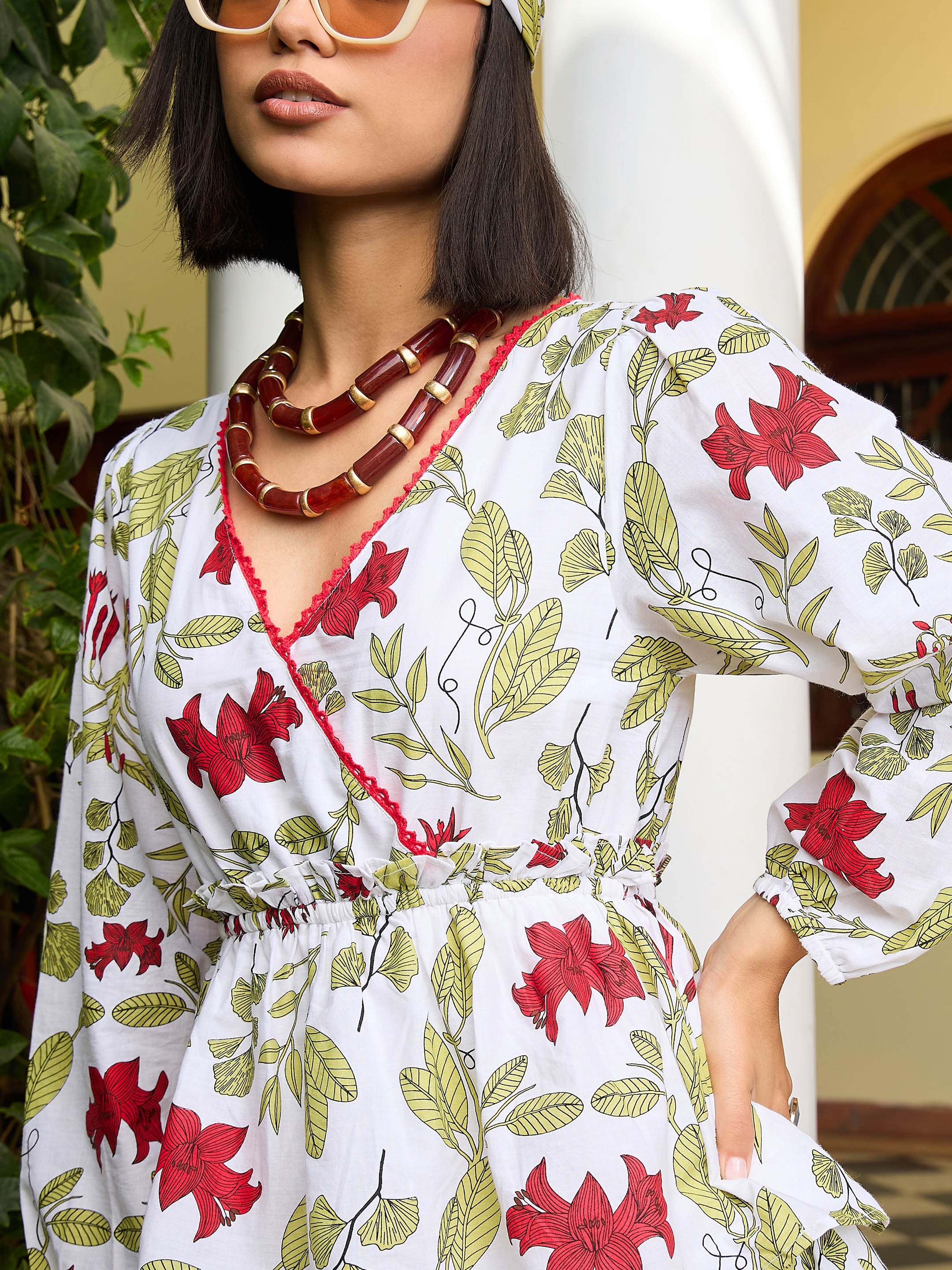 White Floral Wrap Neck Short Dress-Pink Paprika By SASSAFRAS