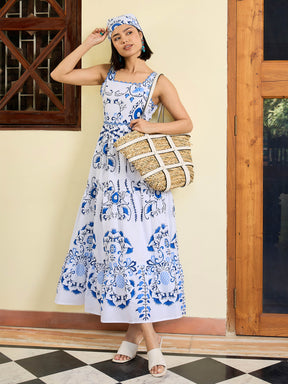 White & Blue Floral Strappy Tired Maxi Dress-Pink Paprika By SASSAFRAS