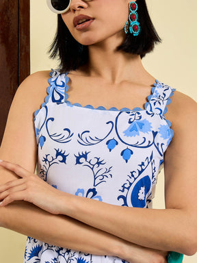 White & Blue Floral Strappy Tired Maxi Dress-Pink Paprika By SASSAFRAS