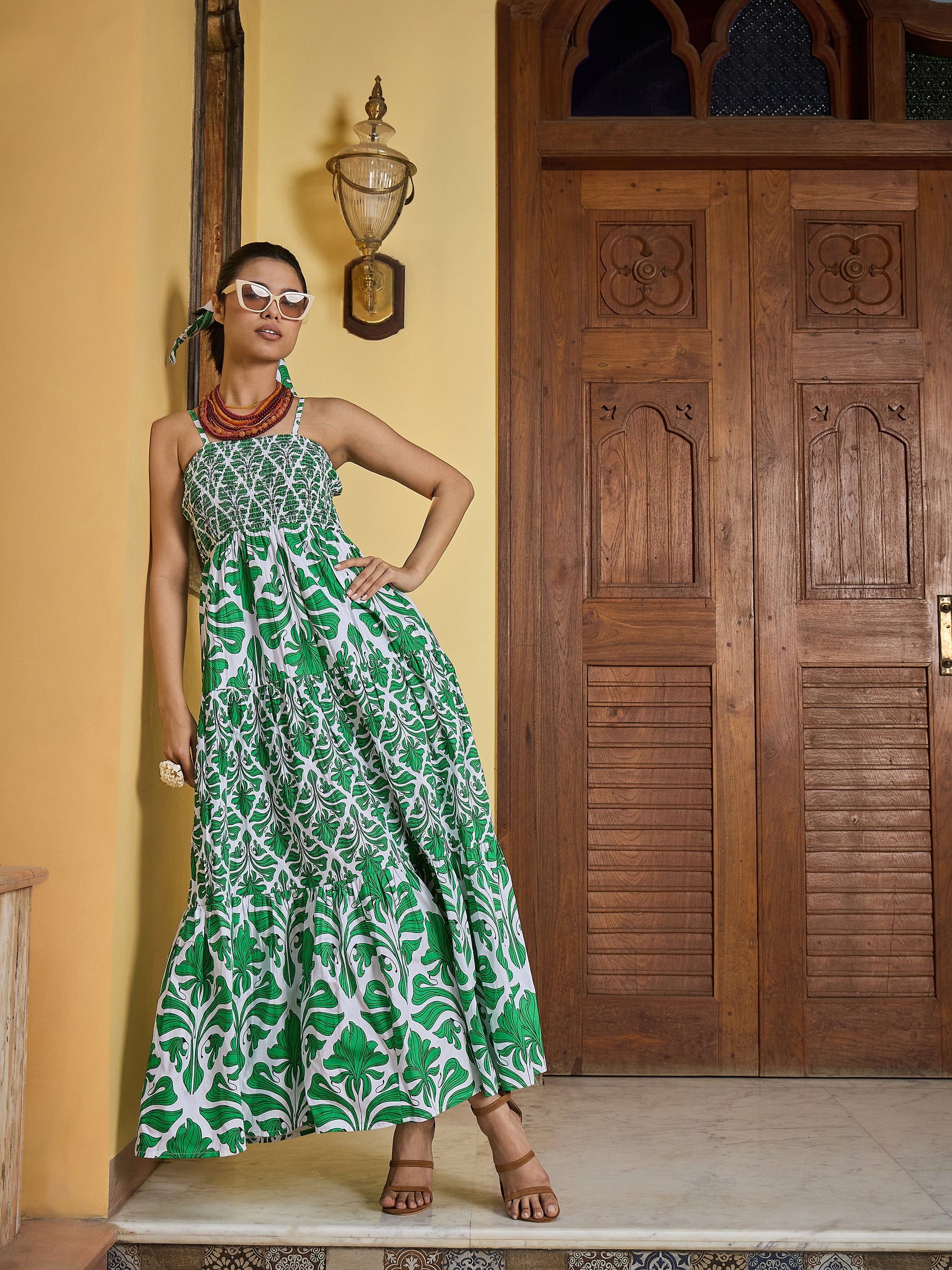 Green & White Smocked Strappy Maxi Dress-Pink Paprika By SASSAFRAS