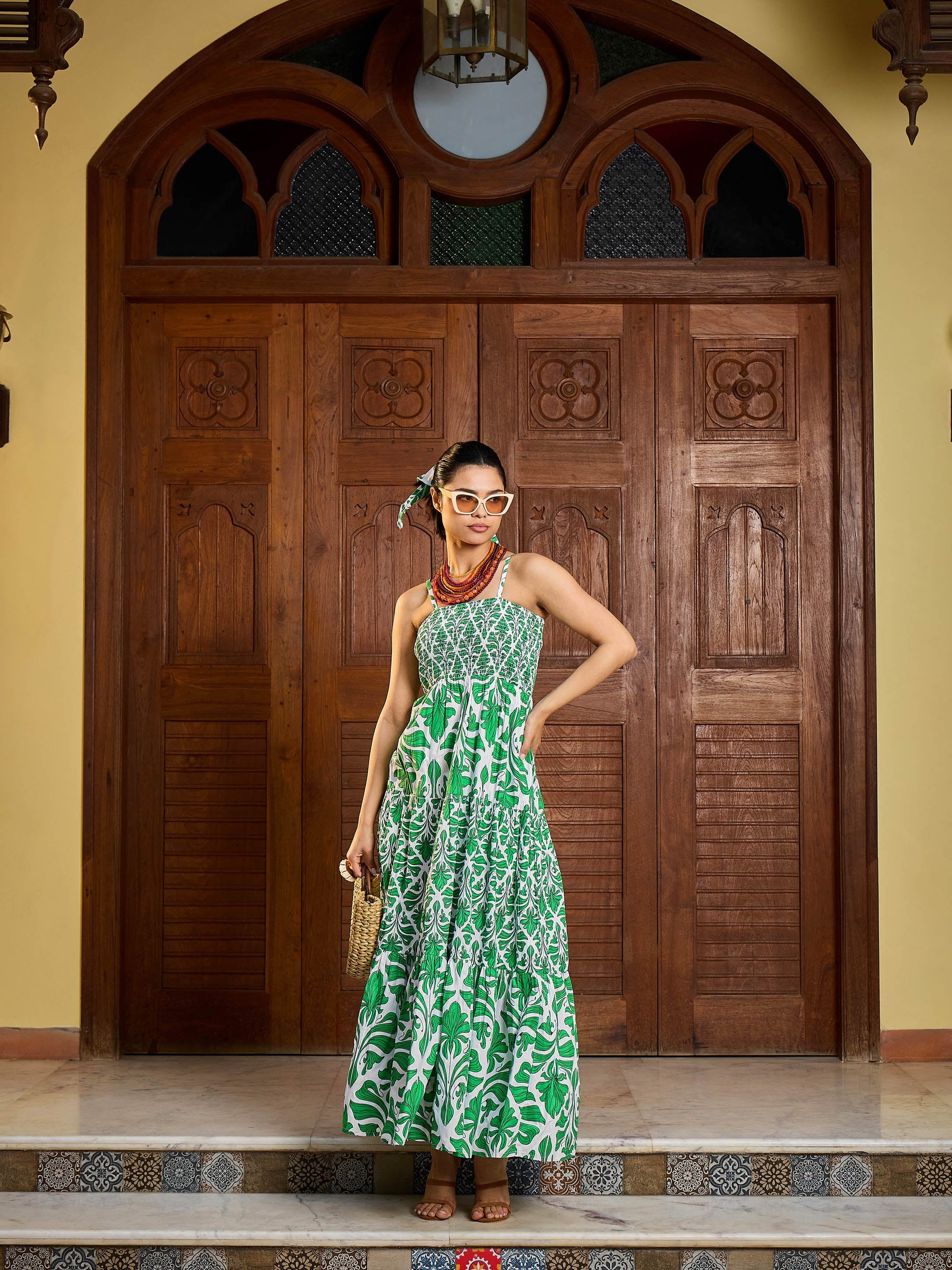 Green & White Smocked Strappy Maxi Dress-Pink Paprika By SASSAFRAS