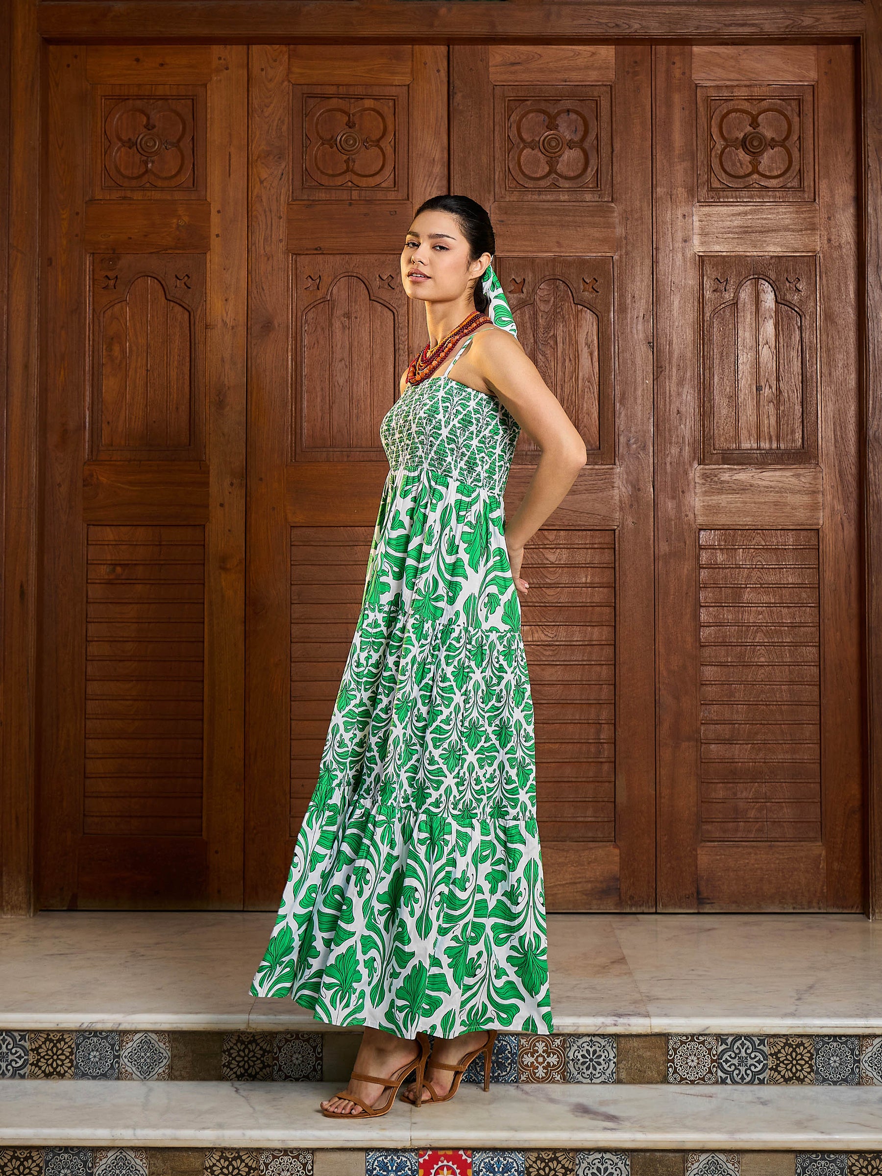 Green & White Smocked Strappy Maxi Dress-Pink Paprika By SASSAFRAS