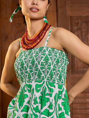 Green & White Smocked Strappy Maxi Dress-Pink Paprika By SASSAFRAS