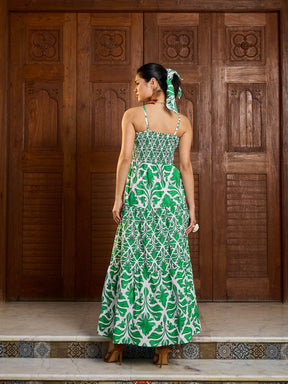 Green & White Smocked Strappy Maxi Dress-Pink Paprika By SASSAFRAS