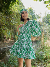 Green & White Floral V Neck Short Gathered Dress-Pink Paprika By SASSAFRAS
