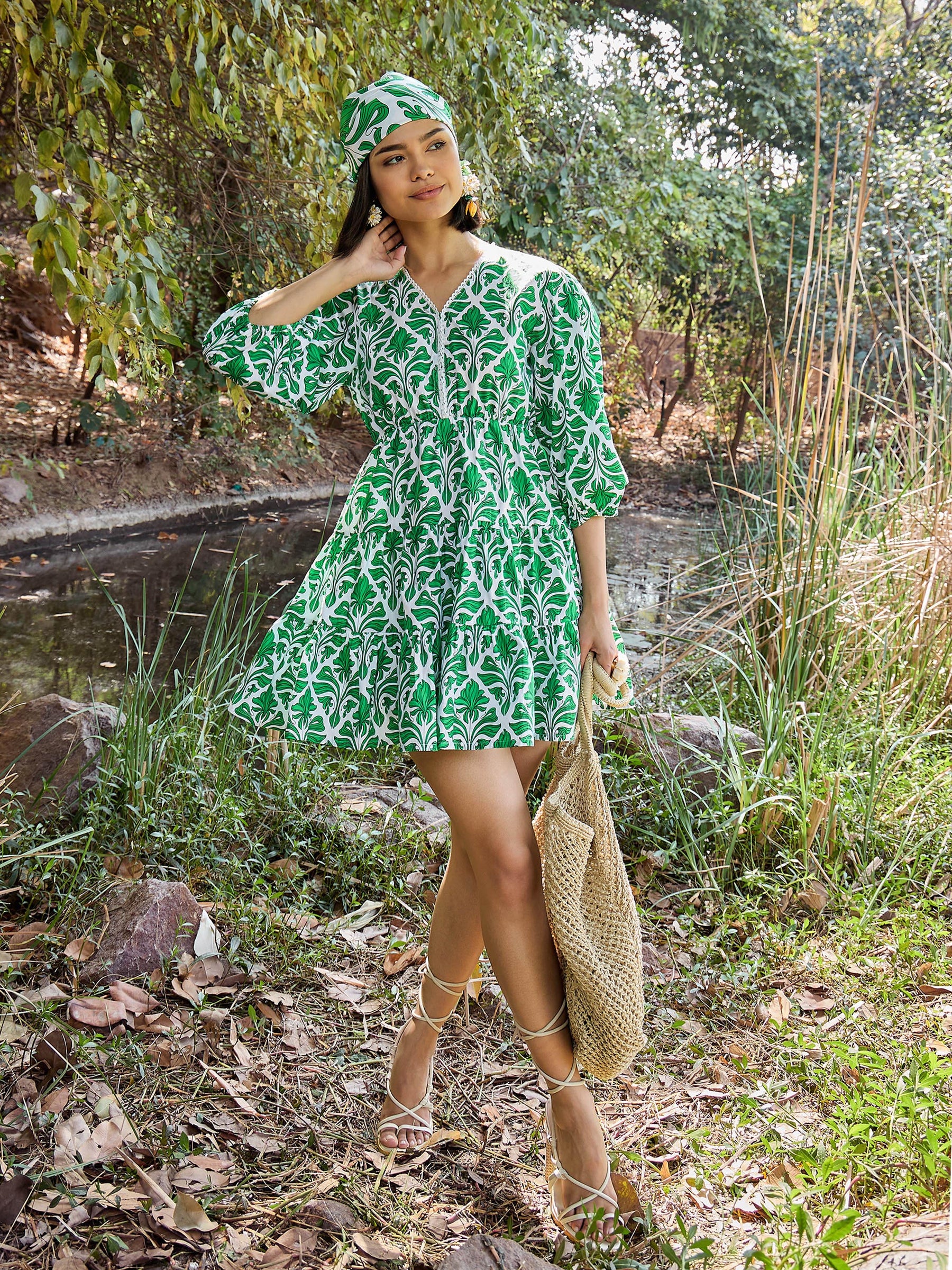 Green & White Floral V Neck Short Gathered Dress-Pink Paprika By SASSAFRAS